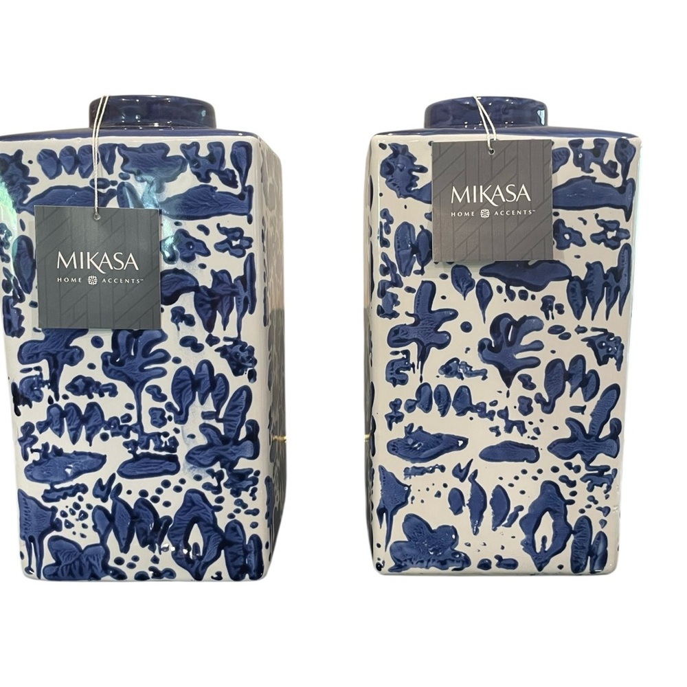 Set of 2 Mikasa Blue and White Landscape Square Ceramic Ginger Jars - Picture 4 of 6